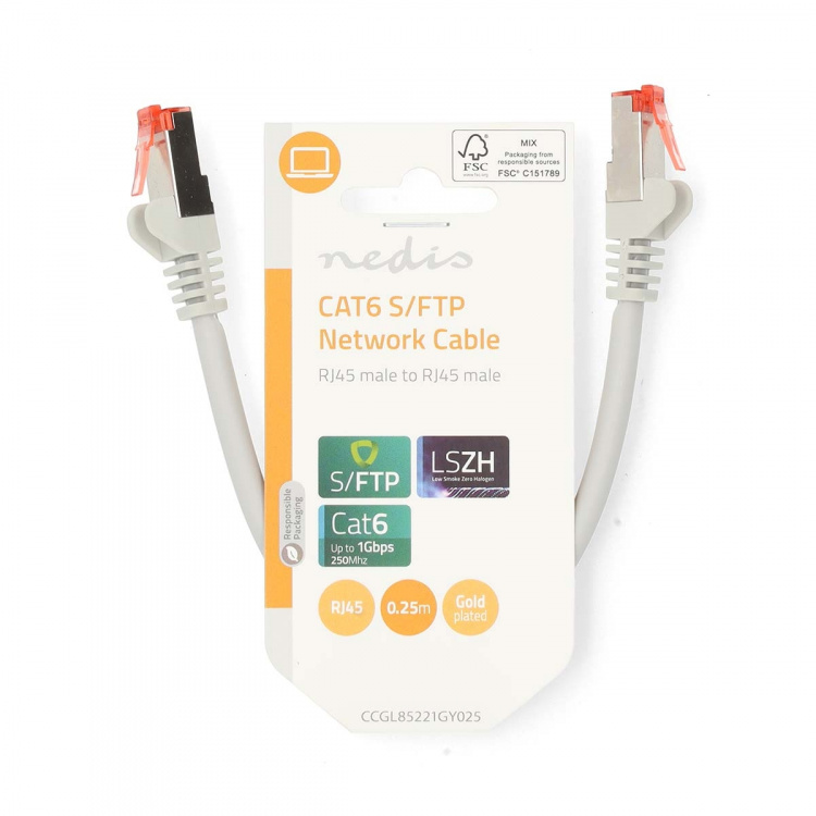 Nedis Kat 6 kabel | RJ45 Han | RJ45 Han | S/FTP | 0.25 m | Runde | LSZH | Grå | Label