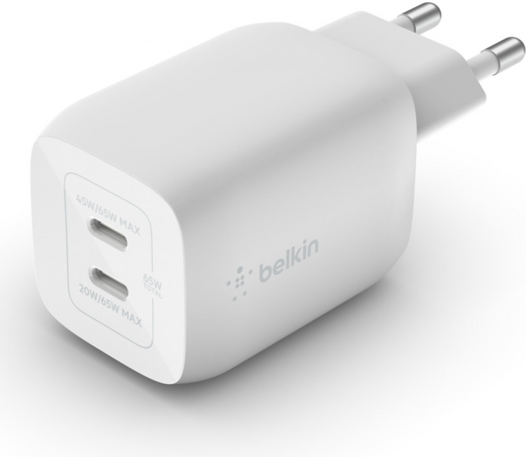 Belkin Boost Charge Pro Dual Port USB-C GaN 65 W PD 3.0 -verkkovirtalaturi, valkoinen