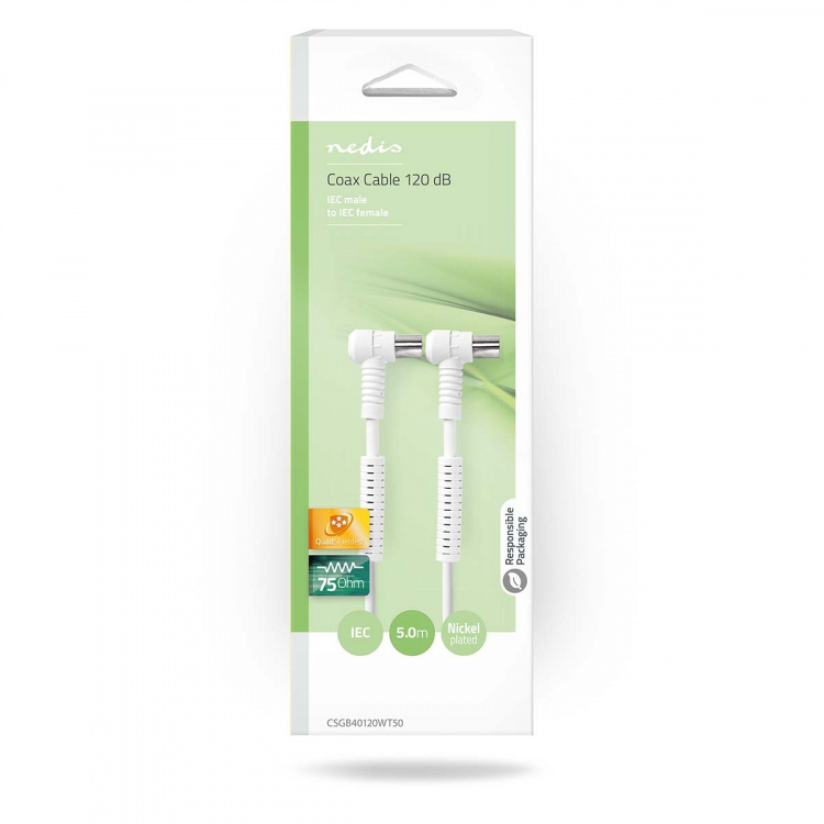 Nedis Coax Cable | IEC (Coax) Han | IEC (Coax) Hun | Nikkelplateret | 120 dB | 75 Ohm | Quad Skærmet | 5.00 m | Runde | PVC | Hvid | Box