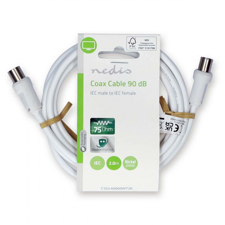 Nedis Coax Cable | IEC (Coax) Han | IEC (Coax) Hun | Nikkelplateret | 90 dB | 75 Ohm | Dobbelt afskærmet | 2.00 m | Runde | PVC | Hvid | Label