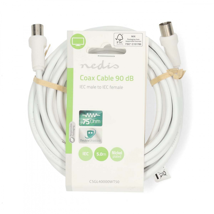 Nedis Coax Cable | IEC (Coax) Han | IEC (Coax) Hun | Nikkelplateret | 90 dB | 75 Ohm | Dobbelt afskærmet | 5.00 m | Runde | PVC | Hvid | Label