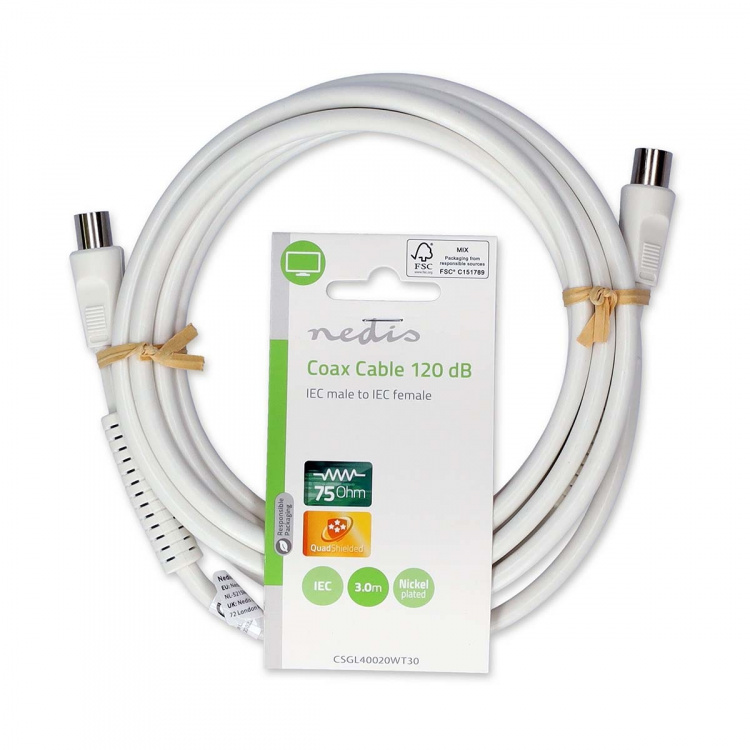 Nedis Coax Cable | IEC (Coax) Han | IEC (Coax) Hun | Nikkelplateret | 120 dB | 75 Ohm | Quad Skærmet | 3.00 m | Runde | PVC | Hvid | Label