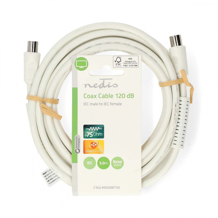 Nedis Coax Cable | IEC (Coax) Han | IEC (Coax) Hun | Nikkelplateret | 120 dB | 75 Ohm | Quad Skærmet | 5.00 m | Runde | PVC | Hvid | Label