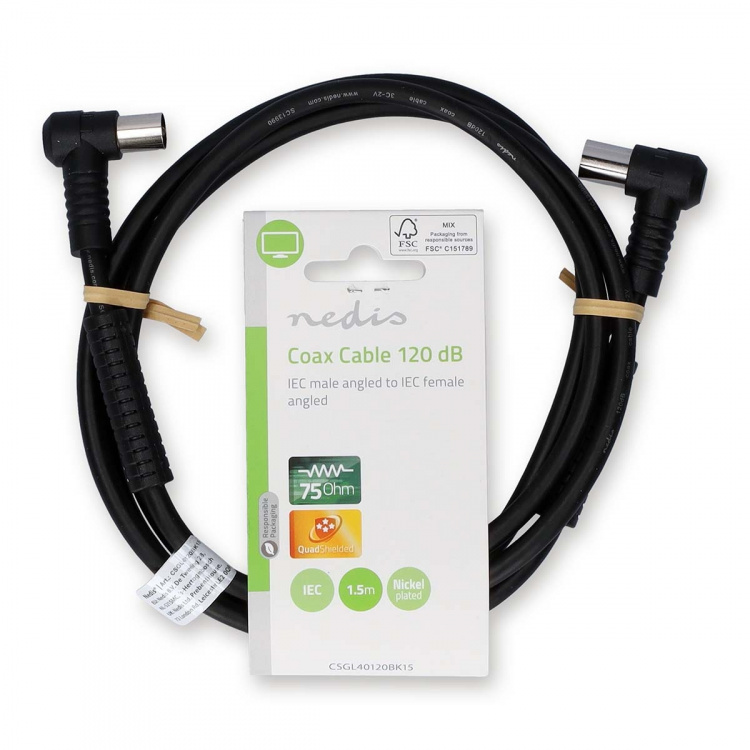 Nedis Coax Cable | IEC (Coax) Han | IEC (Coax) Hun | Nikkelplateret | 120 dB | 75 Ohm | Quad Skærmet | 1.50 m | Runde | PVC | Sort | Label