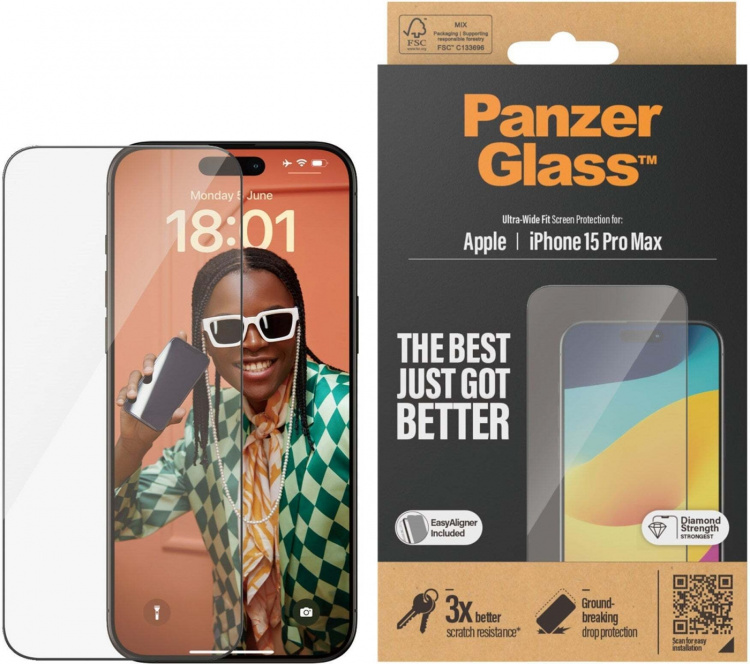 PanzerGlass Ultrabred passform med Aligner -skyddsglas, iPhone 15 Pro Max.