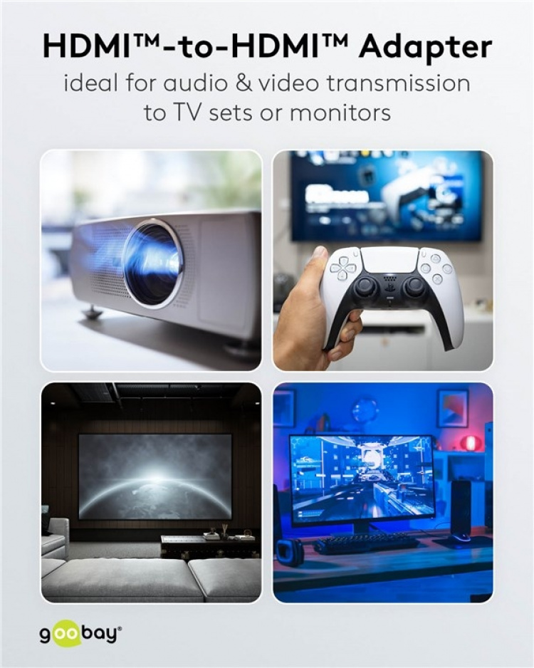 Goobay HDMI™-adapter, koppling, guldpläterad, 8K @ 60 Hz HDMI™-uttag (typ A) > HDMI™-uttag (typ A) Goobay HDMI™-adapter, koppling, guldpläterad, 8K @ 60 Hz HDMI™-uttag (typ A) > HDMI™-uttag (typ A)