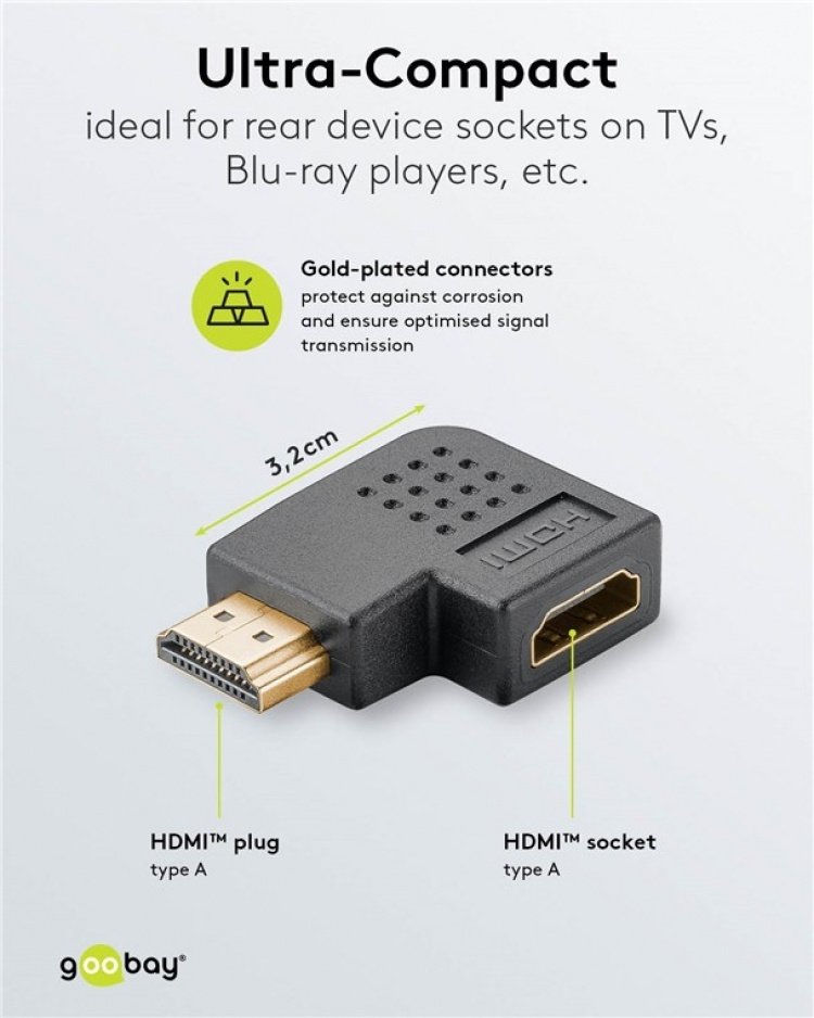 Goobay HDMI™ vinkeladapter 270°, guldpläterad, 8K @ 60 Hz HDMI™-uttag (typ A) > HDMI™ kontakt (typ A) 270 °