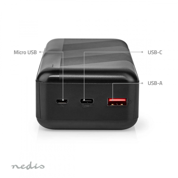Nedis Powerbank | 30000 mAh | 1.5 / 2.0 / 3.0 A | Antal output: 2 | Output tilslutning: 1x USB-A / 1x USB-C™ | Input forbindels: 1x Micro USB / 1x USB-C™ | PD3.0 20W | Lithium-polymer