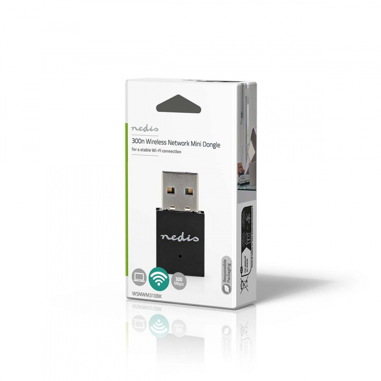 Nedis Netværk dongle | Wi-Fi | N300 | 2.4 GHz | USB2.0 | Wi-Fi-hastighed total: 300 Mbps | Windows 10 / Windows 11 / Windows 8