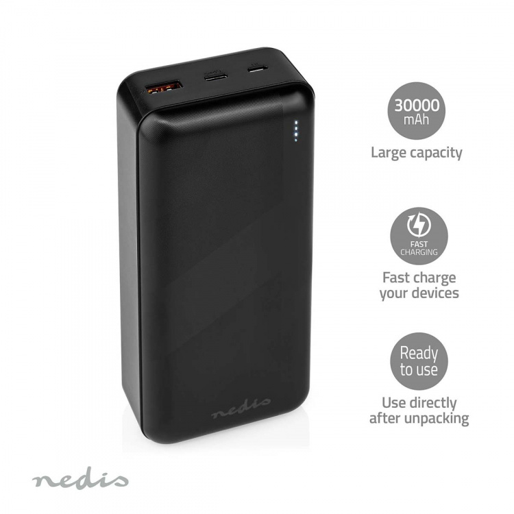 Nedis Powerbank | 32000 mAh | 2.4 / 3.0 / 3.25 A | Antal output: 2 | Output tilslutning: 1x USB-A / 1x USB-C™ | Input forbindels: 1x Micro USB / 1x USB-C™ | PD3.0 45W / PD3.0 65W | Lithium-polymer
