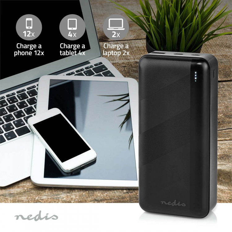 Nedis Powerbank | 32000 mAh | 2.4 / 3.0 / 3.25 A | Antal output: 2 | Output tilslutning: 1x USB-A / 1x USB-C™ | Input forbindels: 1x Micro USB / 1x USB-C™ | PD3.0 45W / PD3.0 65W | Lithium-polymer