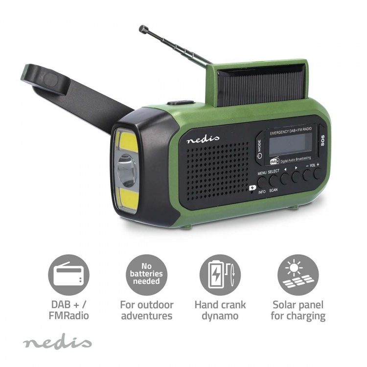 Nedis Nødradio | Bærbart design | DAB+ / FM | Batteri / Håndsving / Solar Powered / USB Drevet | Vækkeur | Grøn / Sort