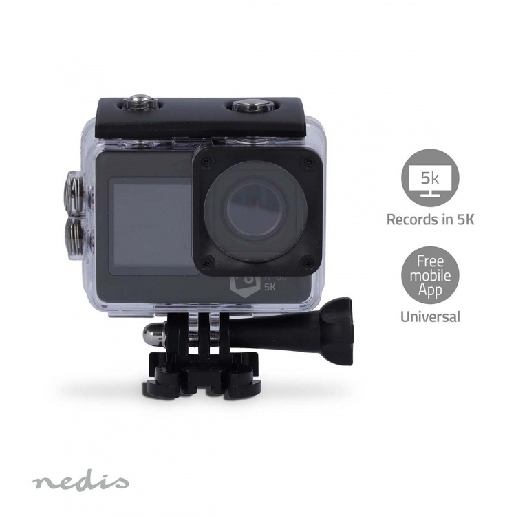 Nedis Action Cam | Dobbelt Skærm | 5K@30fps | 16 MPixel | Vandtæt op til: 30.0 m | 80 min | Wi-Fi | App tilgængelig til: Android™ / IOS | Montering inkluderet | Sort Nedis Action Cam | Dobbelt Skærm | 5K@30fps | 16 MPixel | Vandtæt op til: 30.0 m | 80 min | Wi-Fi | App tilgængelig til: Android™ / IOS | Montering inkluderet | Sort