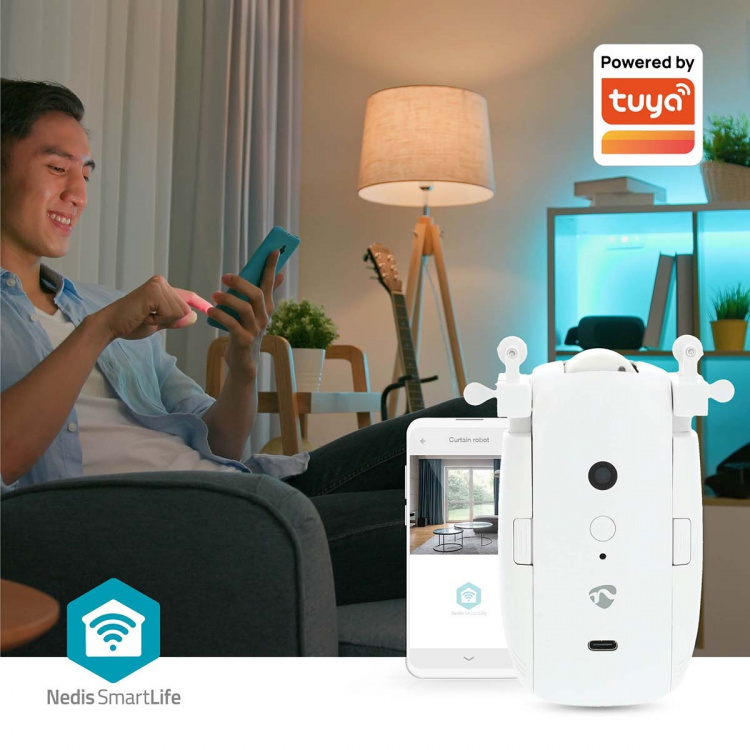 Nedis SmartLife Robot med Gardin | I-Skinne / U-Skinne | Draperer / Gardiner | Batteri / USB Drevet | 4000 mAh | Bluetooth® | Hvid