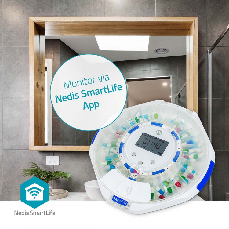 Nedis SmartLife Pilledispenser | Wi-Fi | 28 Rum | Antal alarmtider: 9 alarmtider pr. dag | Bip / Lys / Stemme | LCD display | Hvid Nedis SmartLife Pilledispenser | Wi-Fi | 28 Rum | Antal alarmtider: 9 alarmtider pr. dag | Bip / Lys / Stemme | LCD display | Hvid