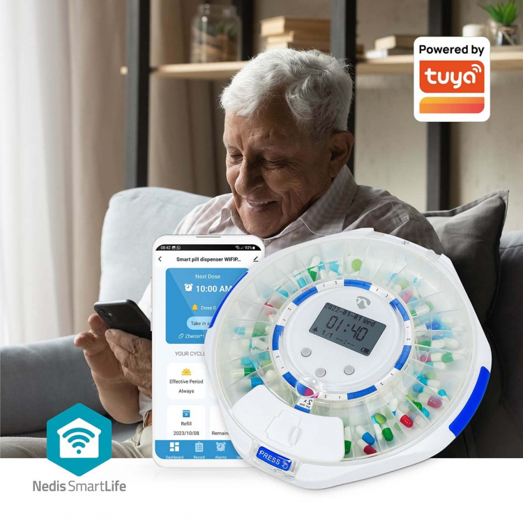 Nedis SmartLife Pilledispenser | Wi-Fi | 28 Rum | Antal alarmtider: 9 alarmtider pr. dag | Bip / Lys / Stemme | LCD display | Hvid Nedis SmartLife Pilledispenser | Wi-Fi | 28 Rum | Antal alarmtider: 9 alarmtider pr. dag | Bip / Lys / Stemme | LCD display | Hvid
