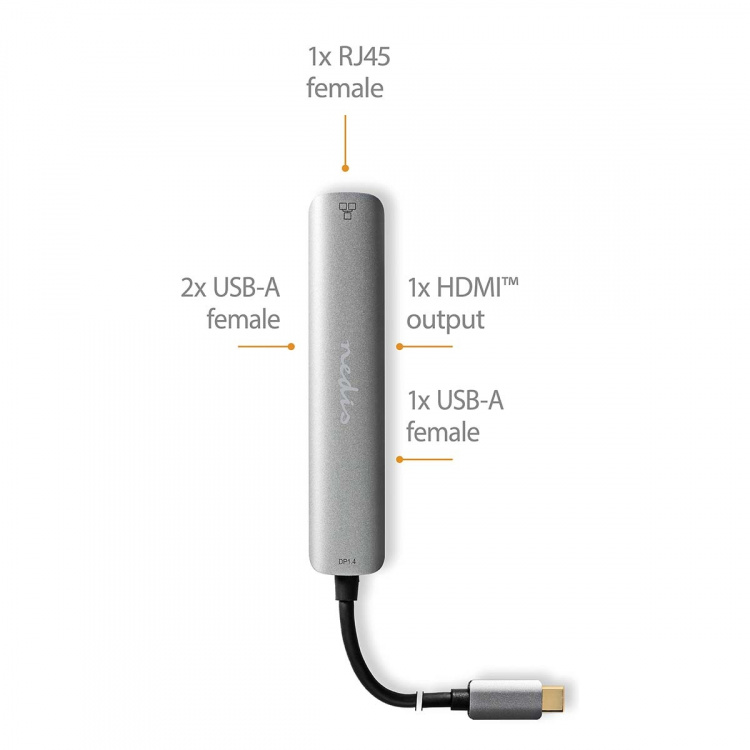 Nedis USB Multi-Port Adapter | 5-i-1 | USB 3.2 Gen 1 | USB-C™ Han | HDMI ™ -udgang / RJ45 Hun / 3x USB-A Hun | 5 Gbps | 0.20 m | Runde | Guldplateret | PVC | Antracit | Box