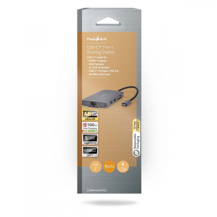 Nedis USB Multi-Port Adapter | 7-i-1 | USB 3.2 Gen 1 | USB-C™ Han | HDMI ™ -udgang / Micro SD / RJ45 Hun / SD / USB-C™ Hun / 3x USB-A Hun | 5 Gbps | 0.20 m | Runde | Guldplateret | PVC | Antracit | Box