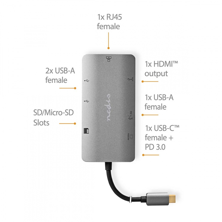 Nedis USB Multi-Port Adapter | 7-i-1 | USB 3.2 Gen 1 | USB-C™ Han | HDMI ™ -udgang / Micro SD / RJ45 Hun / SD / USB-C™ Hun / 3x USB-A Hun | 5 Gbps | 0.20 m | Runde | Guldplateret | PVC | Antracit | Box
