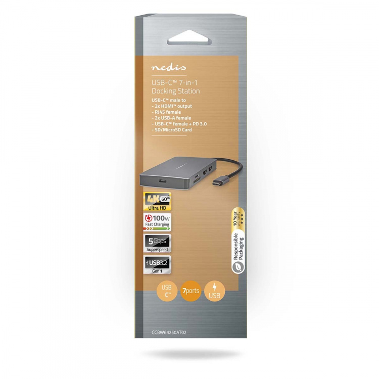 Nedis USB Multi-Port Adapter | 7-i-1 | USB 3.2 Gen 1 | USB-C™ Han | Micro SD / RJ45 Hun / SD / USB-C™ Hun / 2x HDMI™ / 2x USB-A Hun | 5 Gbps | 0.20 m | Runde | Guldplateret | PVC | Antracit | Box