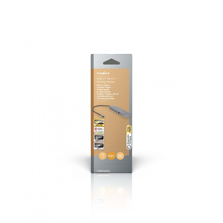 Nedis USB Multi-Port Adapter | 10-i-1 | USB 3.2 Gen 1 | USB-C™ Han | Micro SD / RJ45 Hun / SD / 2x HDMI™ / 2x USB-C™ / 3x USB-A Hun | 0.40 m | Runde | Guldplateret | TPE | Antracit | Box