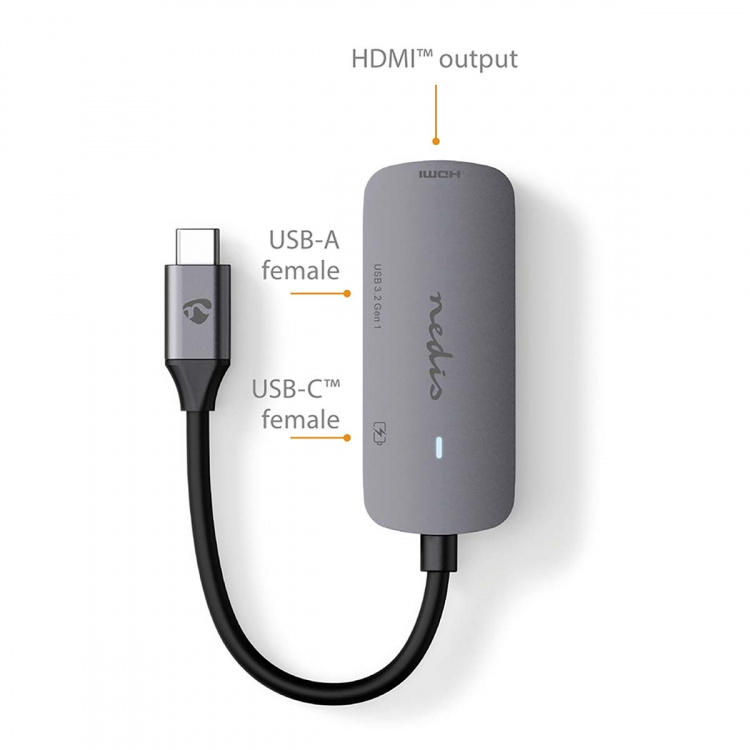 Nedis USB Multi-Port Adapter | 3-in-1 | USB 3.2 Gen 1 | USB-C™ Han | HDMI ™ -udgang / USB-A Hun / USB-C™ Hun | 5 Gbps | 0.10 m | Runde | Nikkelplateret | PVC | Grå | Box
