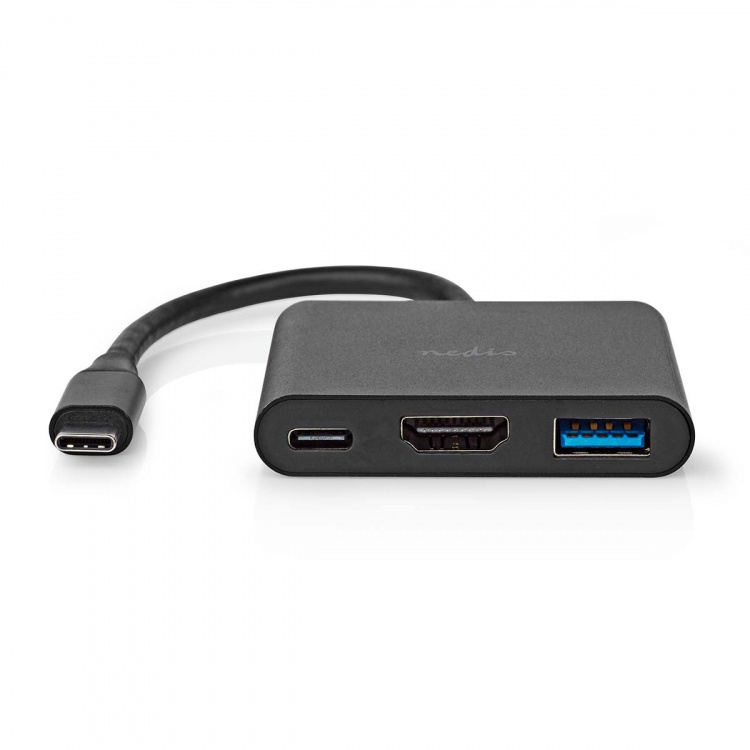 Nedis USB Multi-Port Adapter | 3-in-1 | USB 3.2 Gen 1 | USB-C™ Han | HDMI ™ -udgang / USB-A Hun / USB-C™ Hun | 5 Gbps | 0.10 m | Runde | Nikkelplateret | PVC | Sort | Box