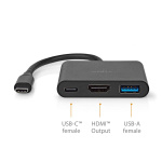 Nedis USB Multi-Port Adapter | 3-in-1 | USB 3.2 Gen 1 | USB-C™ Han | HDMI ™ -udgang / USB-A Hun / USB-C™ Hun | 5 Gbps | 0.10 m | Runde | Nikkelplateret | PVC | Sort | Box