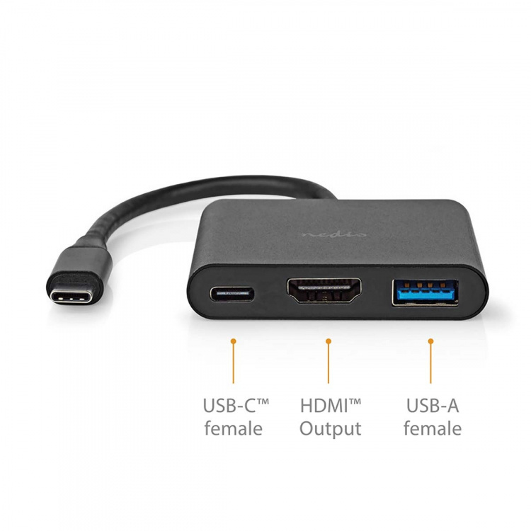 Nedis USB Multi-Port Adapter | 3-in-1 | USB 3.2 Gen 1 | USB-C™ Han | HDMI ™ -udgang / USB-A Hun / USB-C™ Hun | 5 Gbps | 0.10 m | Runde | Nikkelplateret | PVC | Sort | Box