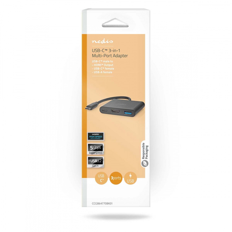 Nedis USB Multi-Port Adapter | 3-in-1 | USB 3.2 Gen 1 | USB-C™ Han | HDMI ™ -udgang / USB-A Hun / USB-C™ Hun | 5 Gbps | 0.10 m | Runde | Nikkelplateret | PVC | Sort | Box