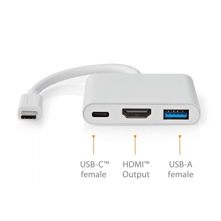 Nedis USB Multi-Port Adapter | 3-in-1 | USB 3.2 Gen 1 | USB-C™ Han | HDMI ™ -udgang / USB-A Hun / USB-C™ Hun | 5 Gbps | 0.10 m | Runde | Nikkelplateret | PVC | Hvid | Box