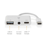 Nedis USB Multi-Port Adapter | 3-in-1 | USB 2.0 | USB-C™ Han | USB-A Hun / USB-C™ Hun / 3.5 mm Hunstik | 480 Mbps | 0.10 m | Runde | Nikkelplateret | PVC | Hvid | Box