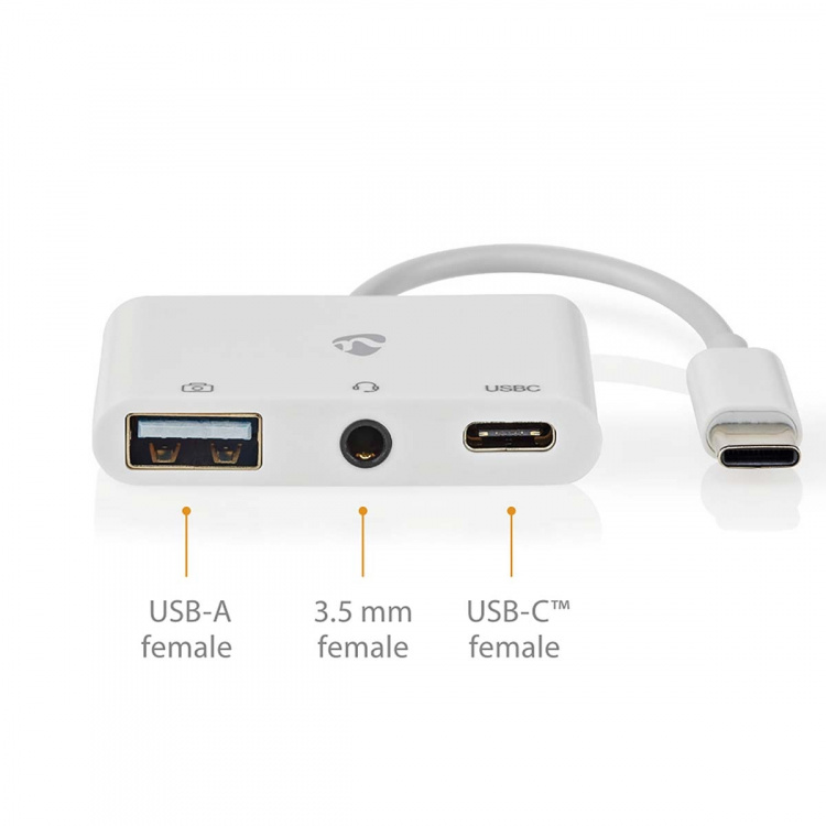 Nedis USB Multi-Port Adapter | 3-in-1 | USB 2.0 | USB-C™ Han | USB-A Hun / USB-C™ Hun / 3.5 mm Hunstik | 480 Mbps | 0.10 m | Runde | Nikkelplateret | PVC | Hvid | Box