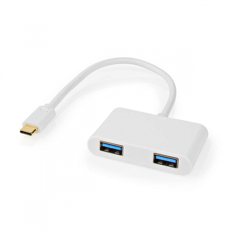 Nedis USB Multi-Port Adapter | 2-i-1 | USB 3.2 Gen 1 | USB-C™ Han | 2x USB-A | 1000 Mbps | 0.20 m | Runde | Nikkelplateret | PVC | Hvid | Blister