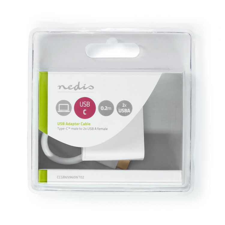 Nedis USB Multi-Port Adapter | 2-i-1 | USB 3.2 Gen 1 | USB-C™ Han | 2x USB-A | 1000 Mbps | 0.20 m | Runde | Nikkelplateret | PVC | Hvid | Blister