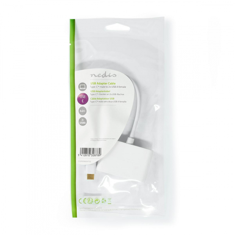 Nedis USB Multi-Port Adapter | 2-i-1 | USB 3.2 Gen 1 | USB-C™ Han | 2x USB-A | 5 Gbps | 0.20 m | Runde | Nikkelplateret | PVC | Hvid | Plastikpose