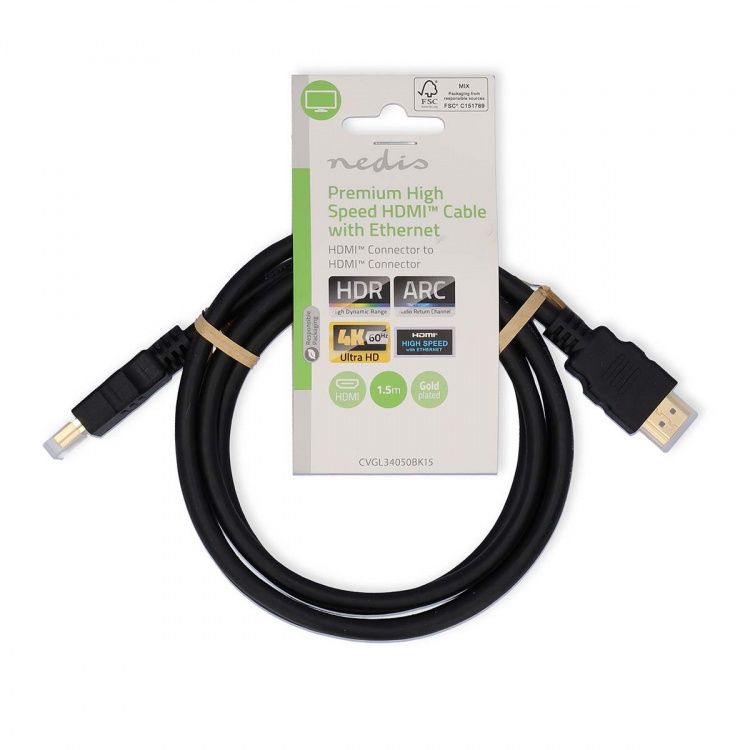 Nedis Premium High Speed ​​HDMI ™ kabel med Ethernet | HDMI™ Stik | HDMI™ Stik | 4K@60Hz | 18 Gbps | 1.50 m | Runde | PVC | Sort | Label