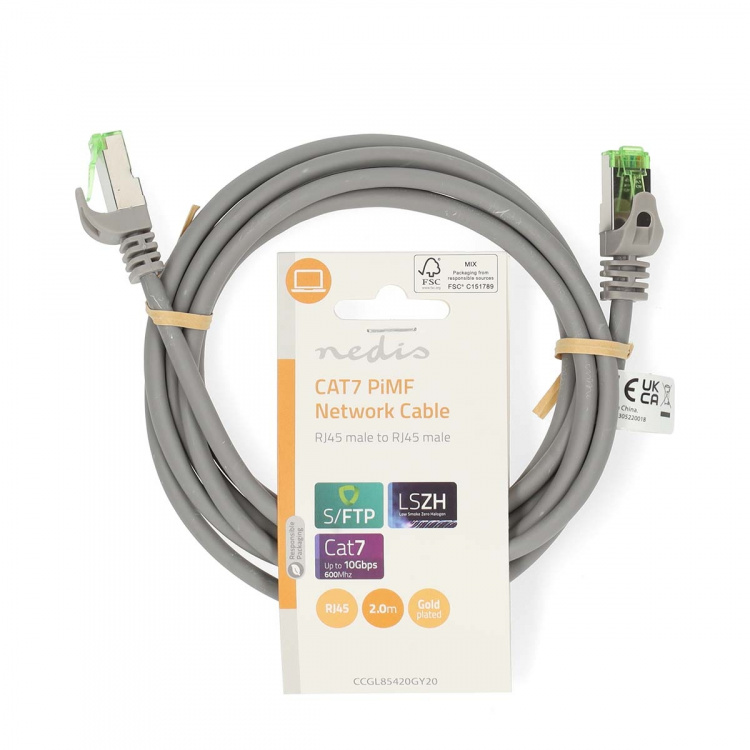 Nedis CAT7 netværkskabel | S/FTP | RJ45 Han | RJ45 Han | 2.00 m | Snagless | Runde | LSZH | Grå | Label