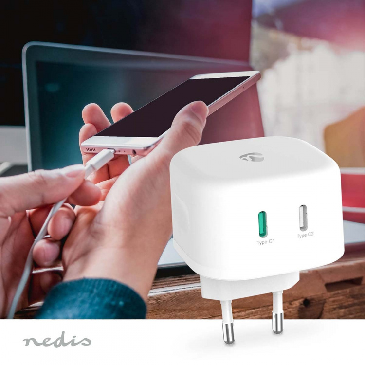 Nedis Vægoplader | 45 W | GaN | PD3.0 45W | Hurtigopladningsfunktion | 2.25 A / 3.0 A | Antal output: 2 | 2x USB-C™ | Automatisk Valgt Spænding | Hvid