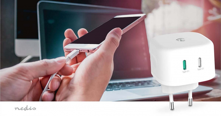 Nedis Vægoplader | 45 W | GaN | PD3.0 45W | Hurtigopladningsfunktion | 2.25 A / 3.0 A | Antal output: 2 | 2x USB-C™ | Automatisk Valgt Spænding | Hvid