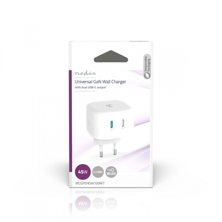 Nedis Vægoplader | 45 W | GaN | PD3.0 45W | Hurtigopladningsfunktion | 2.25 A / 3.0 A | Antal output: 2 | 2x USB-C™ | Automatisk Valgt Spænding | Hvid