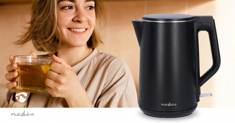 Nedis Elkedel | 1.5 l | Plast | Sort | Drejelig 360 grader | Skjult varmeelement | Strix®-controller | Beskyttelse mod kogetørring