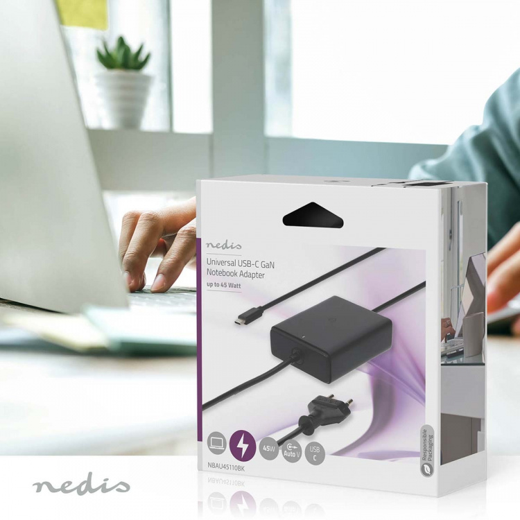 Nedis notebook-adapter | GaN | 45 W | 5 / 9 / 12 / 15 / 20 V DC | 2.25 / 2.33 / 2.92 / 3.0 A | Brugt til: Notebook / Smartphone / Tablet | Euro / Type-C (CEE 7/16)