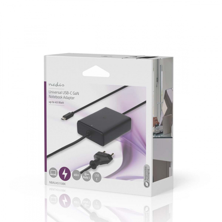 Nedis notebook-adapter | GaN | 45 W | 5 / 9 / 12 / 15 / 20 V DC | 2.25 / 2.33 / 2.92 / 3.0 A | Brugt til: Notebook / Smartphone / Tablet | Euro / Type-C (CEE 7/16)