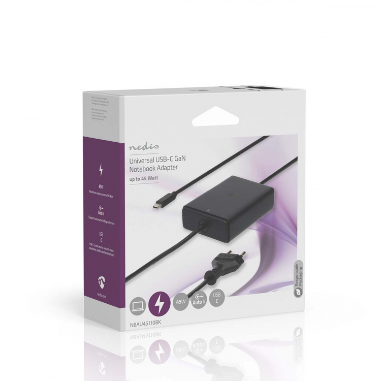 Nedis notebook-adapter | GaN | 45 W | 5 / 9 / 12 / 15 / 20 V DC | 2.25 / 2.33 / 2.92 / 3.0 A | Brugt til: Notebook / Smartphone / Tablet | Euro / Type-C (CEE 7/16)