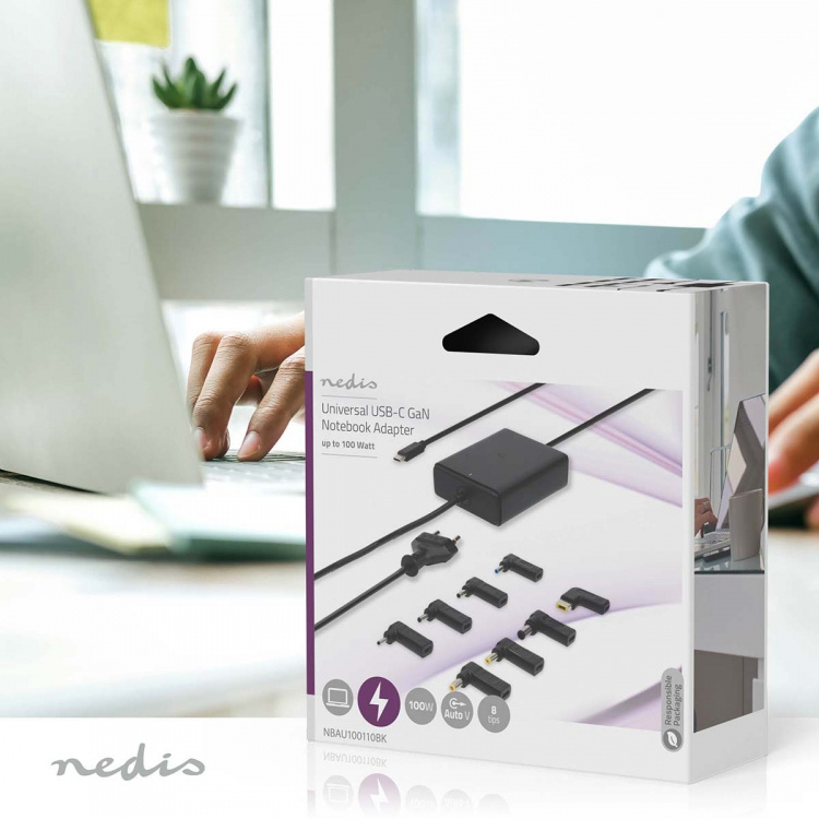 Nedis notebook-adapter | GaN | 100 W | 5 / 9 / 12 / 15 / 20 V DC | 3.0 / 5.0 A | Brugt til: Notebook / Smartphone / Tablet | Euro / Type-C (CEE 7/16) Nedis notebook-adapter | GaN | 100 W | 5 / 9 / 12 / 15 / 20 V DC | 3.0 / 5.0 A | Brugt til: Notebook / Smartphone / Tablet | Euro / Type-C (CEE 7/16)