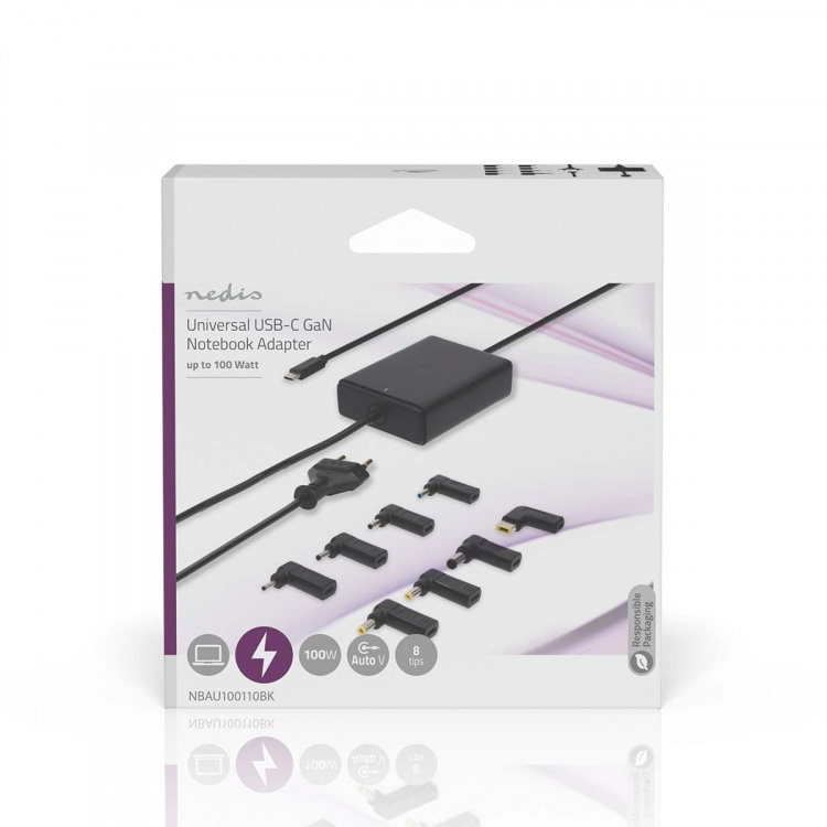 Nedis notebook-adapter | GaN | 100 W | 5 / 9 / 12 / 15 / 20 V DC | 3.0 / 5.0 A | Brugt til: Notebook / Smartphone / Tablet | Euro / Type-C (CEE 7/16) Nedis notebook-adapter | GaN | 100 W | 5 / 9 / 12 / 15 / 20 V DC | 3.0 / 5.0 A | Brugt til: Notebook / Smartphone / Tablet | Euro / Type-C (CEE 7/16)