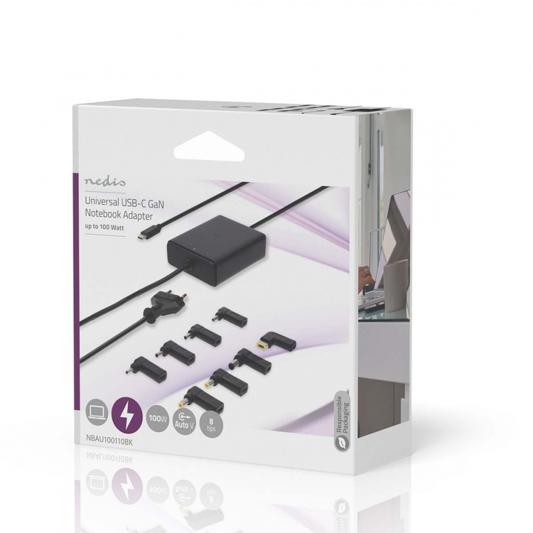 Nedis notebook-adapter | GaN | 100 W | 5 / 9 / 12 / 15 / 20 V DC | 3.0 / 5.0 A | Brugt til: Notebook / Smartphone / Tablet | Euro / Type-C (CEE 7/16) Nedis notebook-adapter | GaN | 100 W | 5 / 9 / 12 / 15 / 20 V DC | 3.0 / 5.0 A | Brugt til: Notebook / Smartphone / Tablet | Euro / Type-C (CEE 7/16)