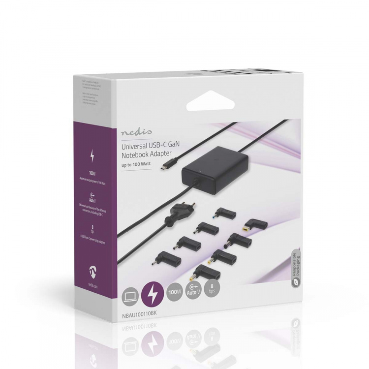 Nedis notebook-adapter | GaN | 100 W | 5 / 9 / 12 / 15 / 20 V DC | 3.0 / 5.0 A | Brugt til: Notebook / Smartphone / Tablet | Euro / Type-C (CEE 7/16) Nedis notebook-adapter | GaN | 100 W | 5 / 9 / 12 / 15 / 20 V DC | 3.0 / 5.0 A | Brugt til: Notebook / Smartphone / Tablet | Euro / Type-C (CEE 7/16)