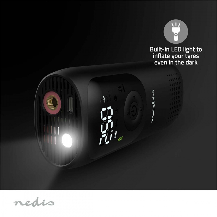 Nedis Genopladelig luftkompressor | 0.1 - 10.3 Bar | Dunlop ventil | Driftstilstande: Bil / Motorcykel / Cykel / Bold | Ja | Lufttryksmåler